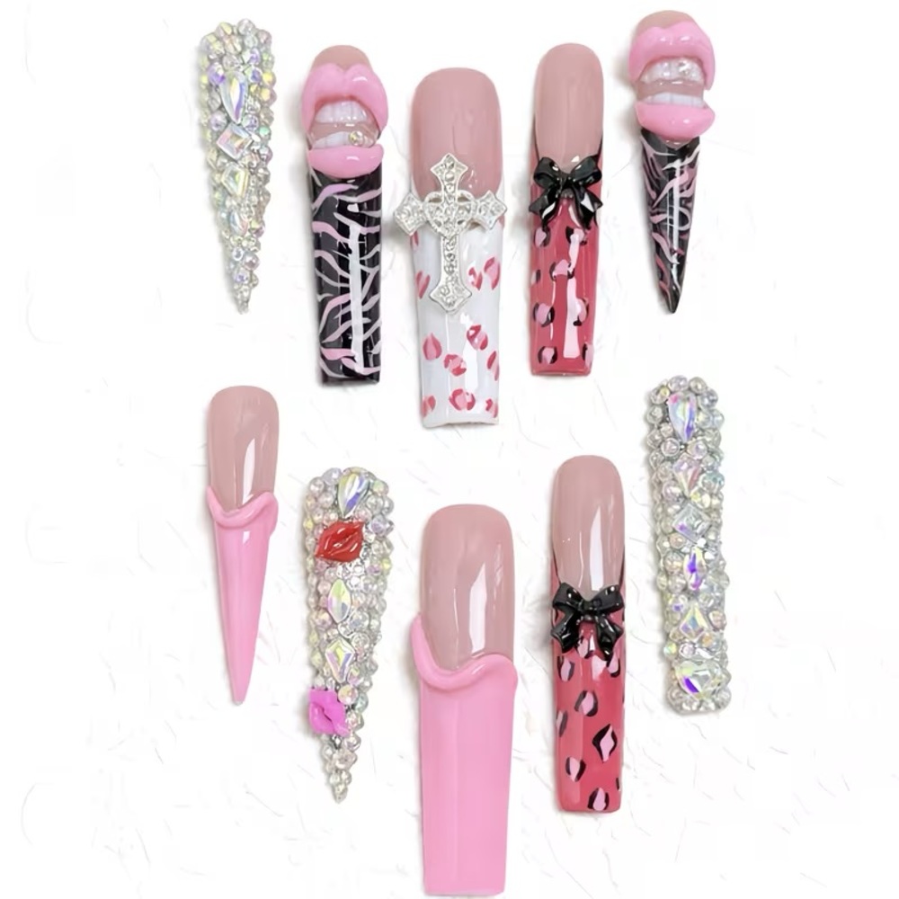Pink and Black Nail Art Set with Rhinestones